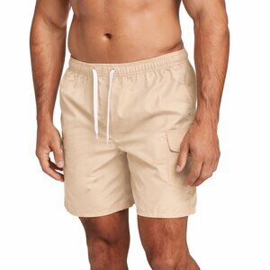 Men’s Beige Swim Trunks Cargo Pocket Mesh Lined Quick Dry Beach Shorts, NEW